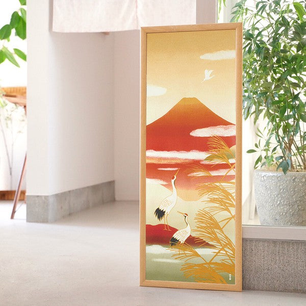 Tenugui Japonais "Tableau" – Grues et Fuji Rouge (Hamamonyo)
