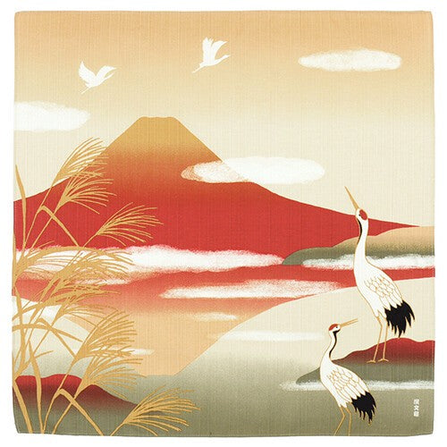 Furoshiki Japonais 50cm – Grues et Mont Fuji Rouge