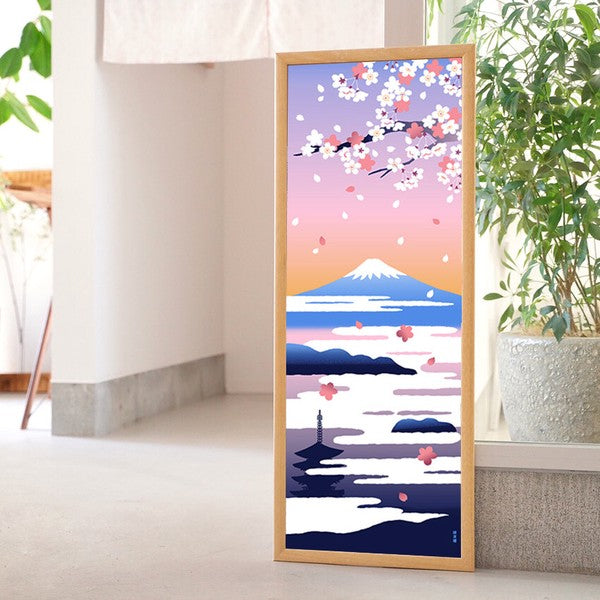 Tenugui Japonais "Tableau" – Mont Fuji et Sakura dans les Nuages