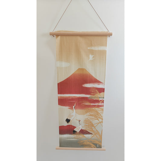 Tenugui Japonais en Coton 33x90cm Tableau – Grues et Fuji Rouge (Hamamonyo)